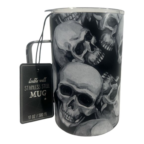 HALLOWEEN TUMBLER 17 OZ SKULLS SKELETONS CUP DOUBLE WALLED HOT COLD - Picture 1 of 4
